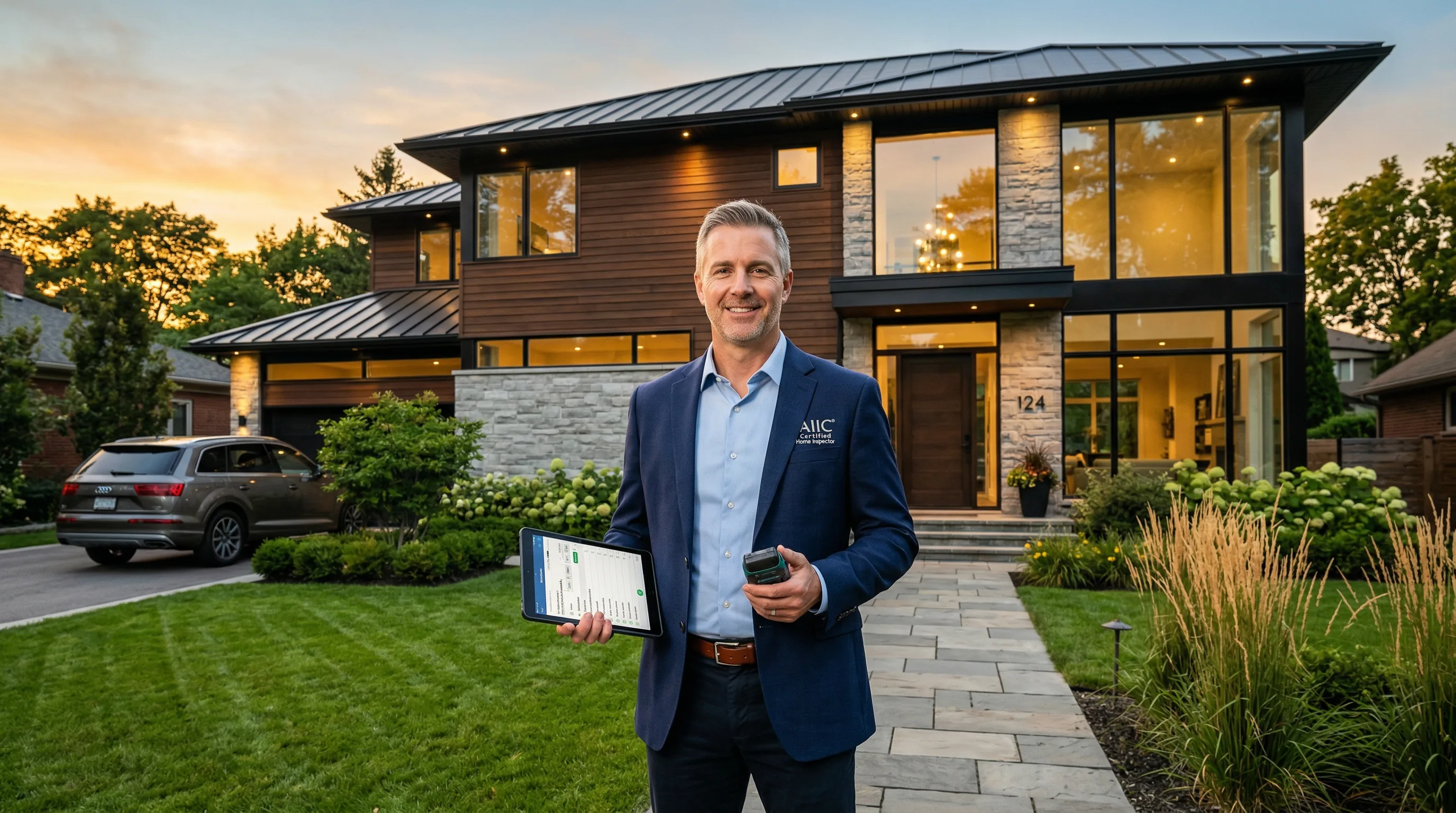 BestInspect certified inspector in front of a modern home