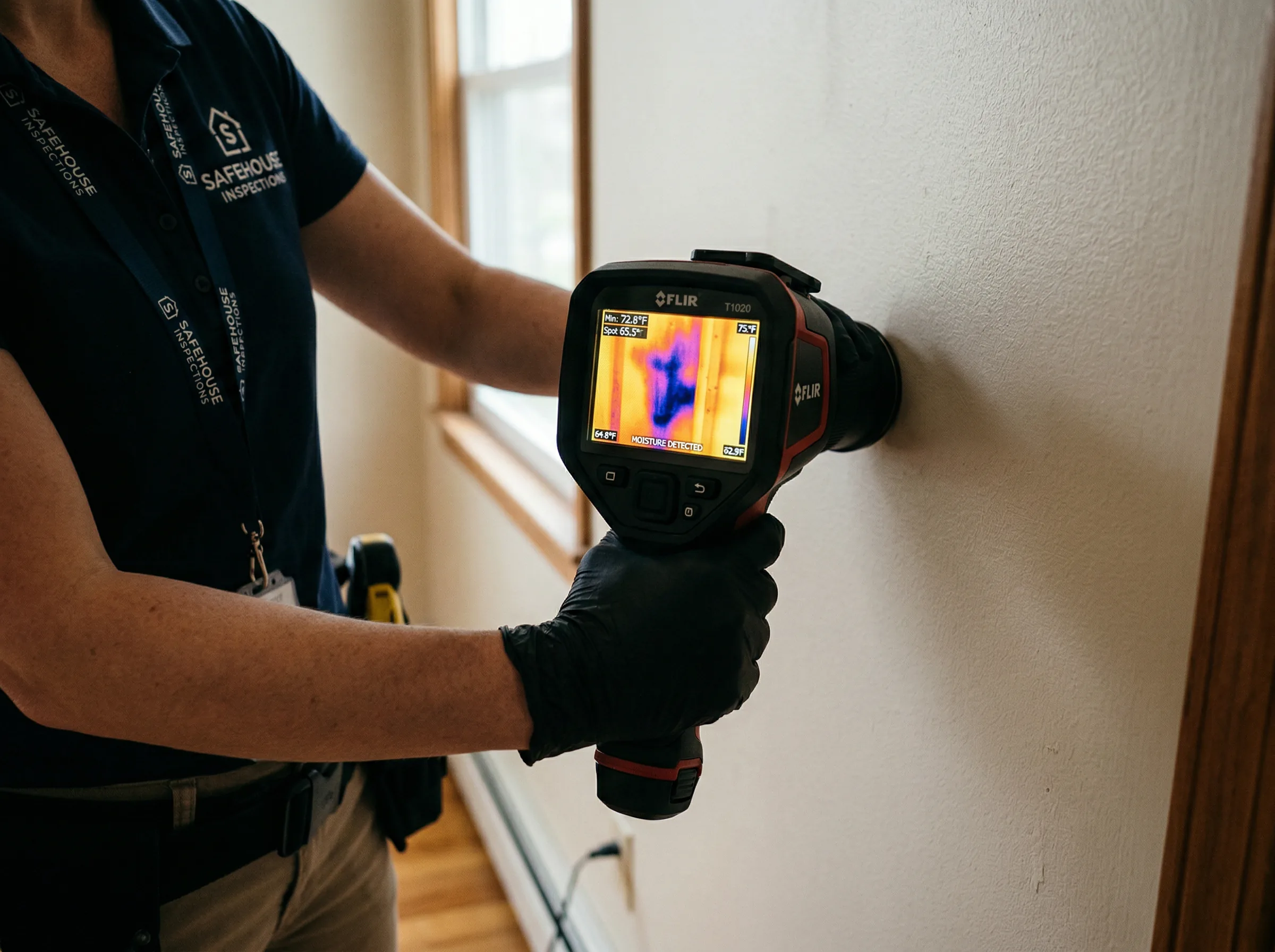 Inspector using FLIR thermal camera to detect hidden moisture in wall